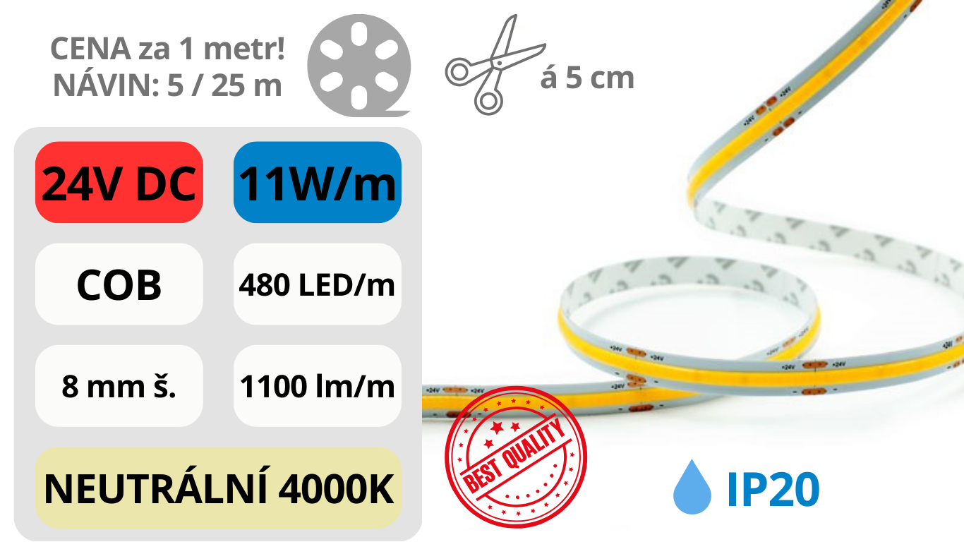 LED pásek COB 24V / 480LED / 11W / 4000K / IP20 / 8mm